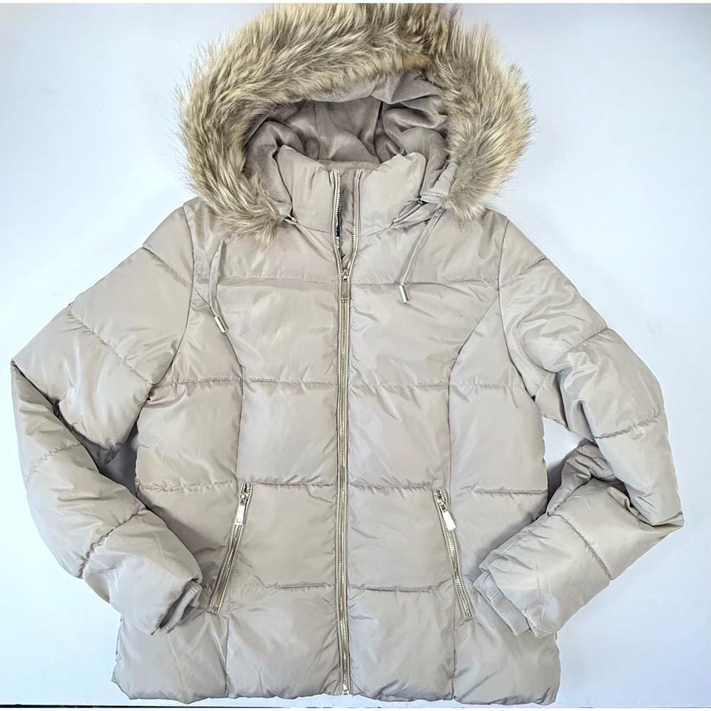 Womens Puffer Jacket L Tan Faux Fur Hood Winter Apres Coat Zip by Simply Styled